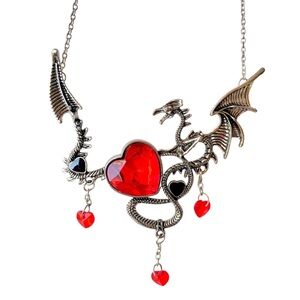 Goth Witchy Dragon Heart Crystal Pendant Necklace Halloween Cosplay